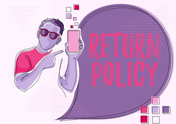 Text caption presenting Return Policy. Conceptual photo Tax Reimbursement Retail Terms and Conditions on Purchase Line Drawing For Guy Holding Phone Presenting New Ideas With Speech Bubble. — 图库照片