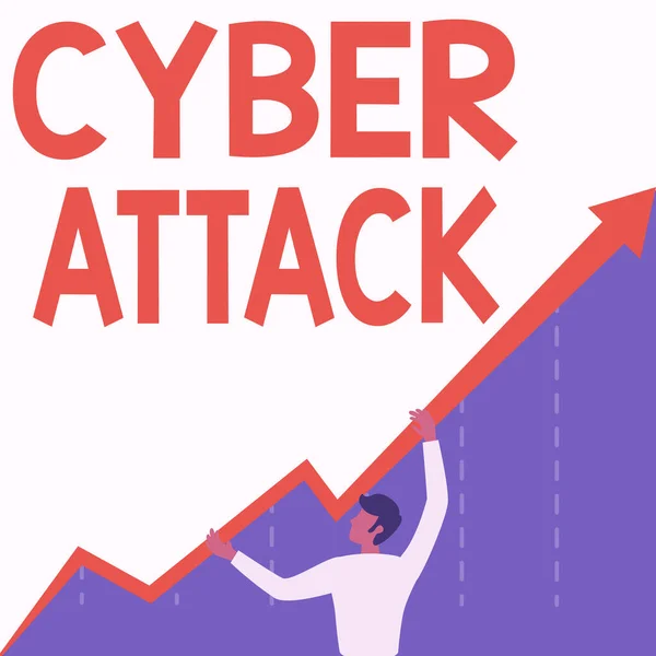 Inspiration showing sign Cyber Attack. Business approach An attempt by hackers to Damage Destroy a Computer System Man Drawing Holding Graph Arrow Showing Business Growth. — Fotografia de Stock