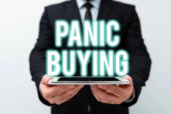 Text showing inspiration Panic Buying. Internet Concept buying large quantities due to sudden fear of coming shortage Presenting New Technology Ideas Discussing Technological Improvement — Fotografia de Stock