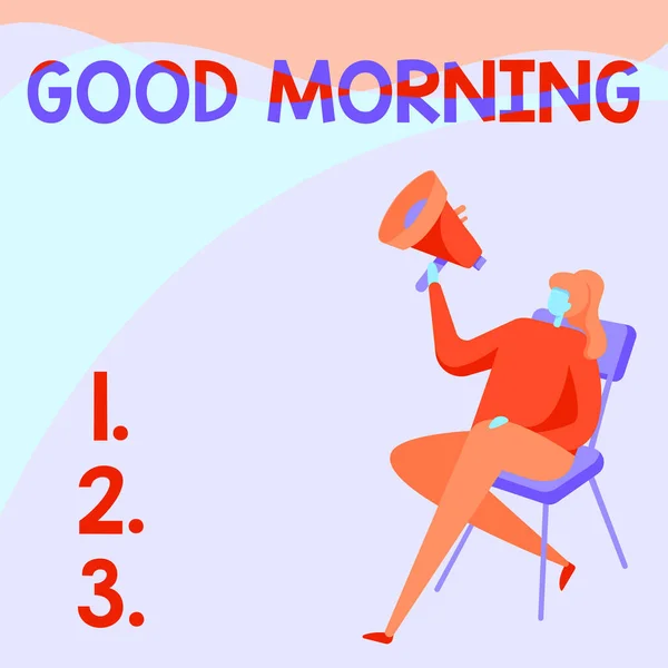 Textskylt som visar God morgon. Affärsöversikt Ett konventionellt uttryck vid möte eller skilsmässa på morgonen Woman Drawing Holding Megaphone Sitter på en stol Korsade ben. — Stockfoto