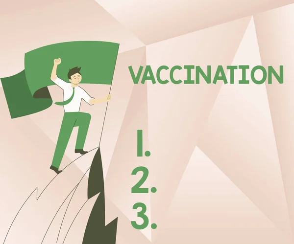 Text sign showing Vaccination. Business overview Treatment which makes the body stronger against infection Man On A Mountain Drawing Proud Of His Climbing Success To The Clouds. — Stock Photo, Image