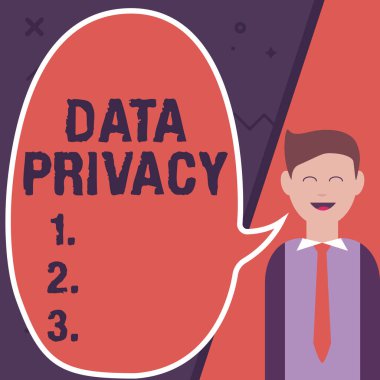 El yazısı levhası Data Privacy. İnternet güvenliği ve internet sitesinin dijital korunması veya İş Adamının Boş Sohbet Bulutuna Düşünceler Sunduğu ana sayfa İllüstrasyonu.
