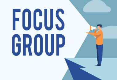 Kavramsal görünüm Odak Grubu. İnternet Konsepti özenle seçilmiş katılımcılardan oluşur. Geribildirim yapan İşadamı Çizim Yapan Kayalıklarda Durarak Megafon Yapan Anons.