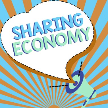 Kavramsal Başlık Paylaşım Ekonomisi. Gürültülü bir megafon sözcüsünün bireyler arasında özel olarak paylaşılan varlıkların yeni duyurular yaptığı bir sistem için sözcük.