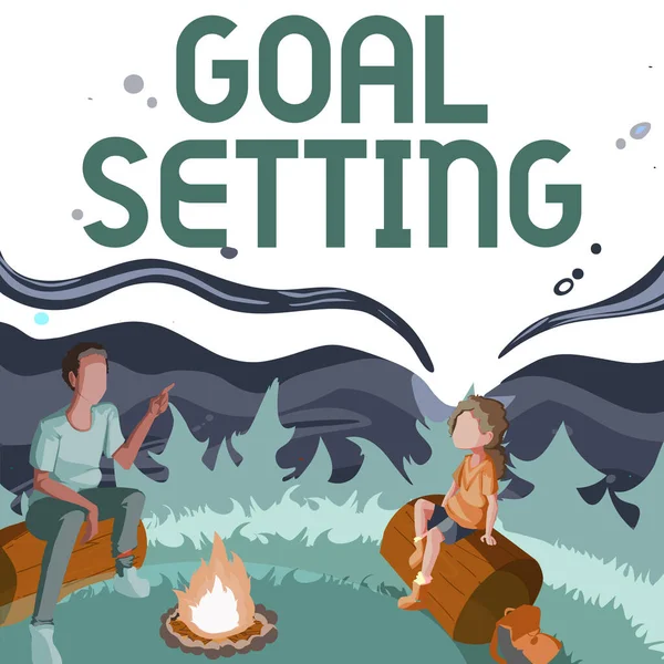 Hand writing sign Goal Setting. Business showcase dream big motivational advice or reminder to take action Father And Daughter Sitting Next To Campfire Enjoying Camping At The Park — Fotografia de Stock