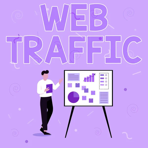 Webes forgalom kijelzése. Internet Concept mennyiségű web-felhasználók és megkísérelt látogatás mért honlap Üzletember Rajz állandó bemutatása ötletek a siker. — Stock Fotó