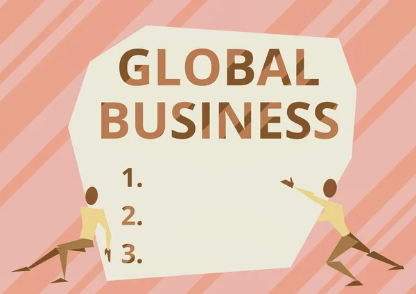 Text showing inspiration Global Business. Business idea Trade and business system a company doing across the world Two Men Illustration Trying To Lift Extra Large Rock To Free The Way. — Stockfoto