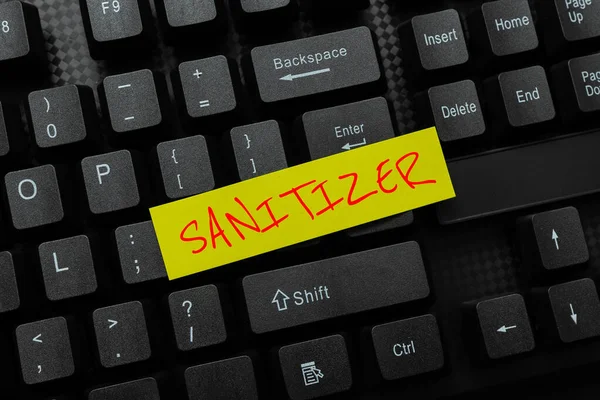Text caption presenting Sanitizer. Word for liquid or gel generally used to decrease infectious agents Editing And Retyping Report Spelling Errors, Typing Online Shop Inventory — Stockfoto