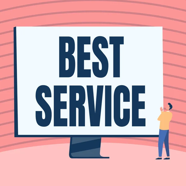 Handschrift tekst Best Service. Word Written on finest reviewed assistance provided by a system to its customer Man Standing Drawing Looking At Large Monitor Display Showing News. — Stockfoto
