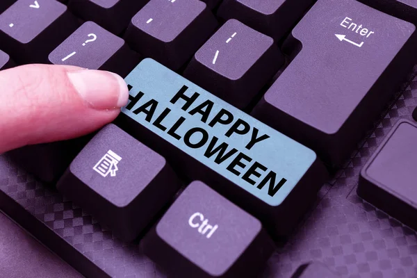 Writing displaying text Happy Halloween. Concept meaning a day related with scary aspect, haunted house, and a candy Typing New Email Titles Concept, Drafting Internet Article Ideas — Stockfoto