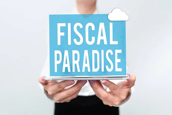 Texto que muestra inspiración Fiscal Paradise. Concepto significado El despilfarro de dinero público es un tema de gran preocupación Presentando nuevas ideas tecnológicas Discutiendo la mejora tecnológica — Foto de Stock