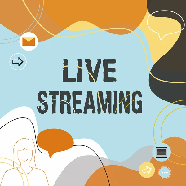 Handwriting text Live Streaming. Business approach displaying audio or media content through digital devices Illustration Couple Speaking In Chat Cloud Exchanging Messages. — Stockfoto