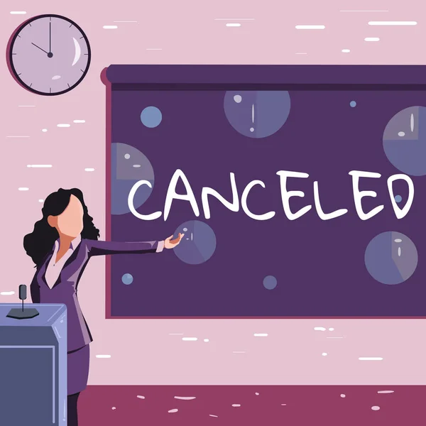 Handwriting text Canceled. Business approach to decide not to conduct or perform something planned or expected Lady Drawing Standing Holding Projector Remote Control Presenting Pie Charts — Stockfoto