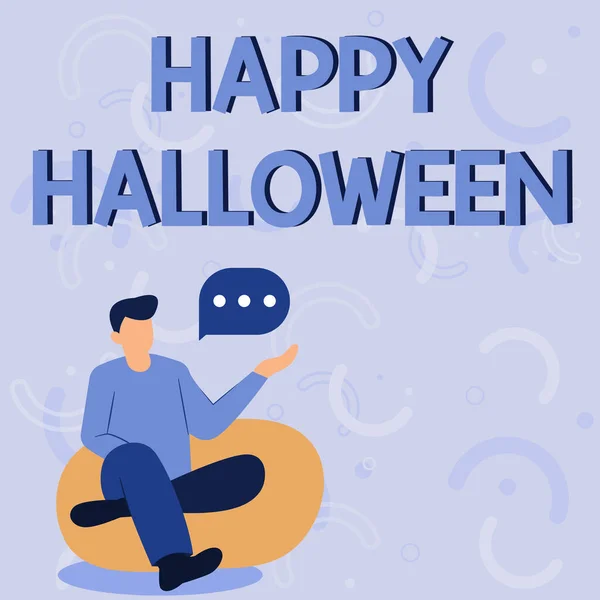 Text sign showing Happy Halloween. Business idea a day related with scary aspect, haunted house, and a candy Illustration Of Businessman Sitting On Soft Sofa Chair Talking. — Fotografia de Stock