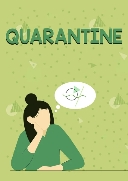 Text caption presenting Quarantine. Business idea restraint upon the activities of person or the transport of goods Illustration Of Lady Thinking Deeply Alone For New Amazing Tactical Ideas. — Foto Stock
