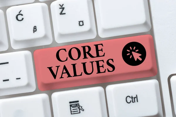 Conceptual display Core Values. Internet Concept principles which guide and determine what is wrong and right Abstract Programmer Typing Antivirus Codes, Retyping Debug Codes — Stock Photo, Image