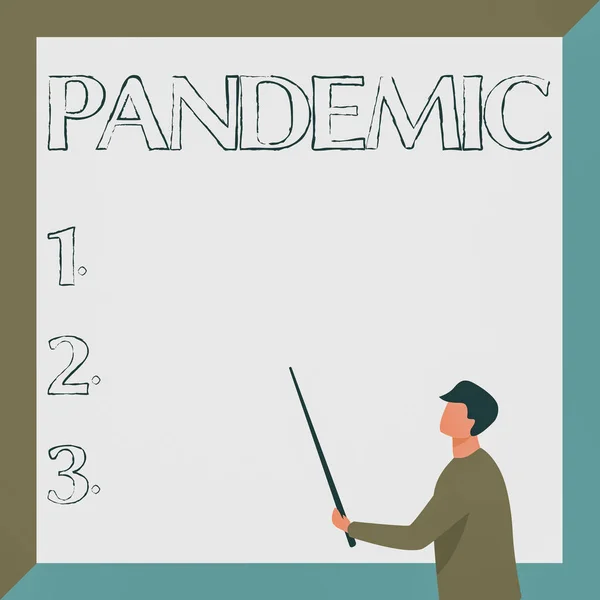Handwriting text Pandemic. Word for occurring over a wide area affecting high proportion of population Instructor Drawing Holding Stick Pointing Board Showing New Lessons. — Stockfoto