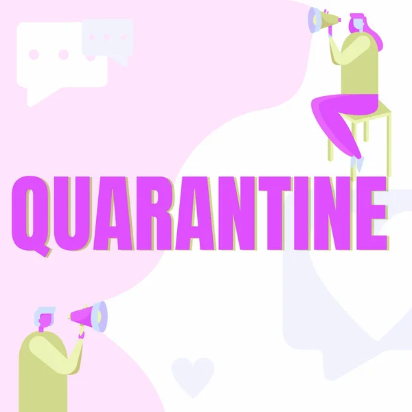 Text caption presenting Quarantine. Conceptual photo restraint upon the activities of person or the transport of goods Man Standing And Woman Sitting Both Holding Megaphone With Message Symbol. — Foto Stock