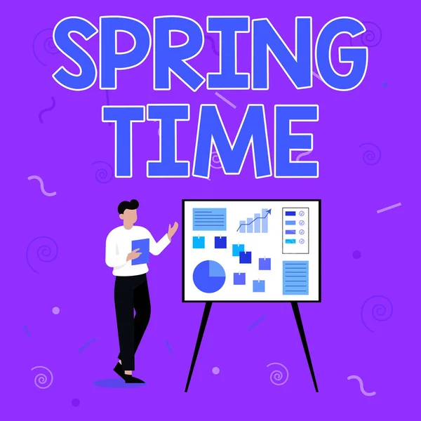 Inspiration showing sign Spring Time. Business concept temperate season of the year identified by a revival of plants Businessman Drawing Standing Presenting Ideas For Their Success. — Stockfoto