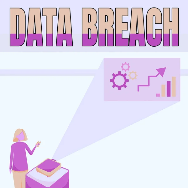 Hand writing sign Data Breach. Business showcase unauthorized release of confidential and secured details Lady Standing Holding Projector Remote Control Presenting Graph Growth. — Fotografia de Stock