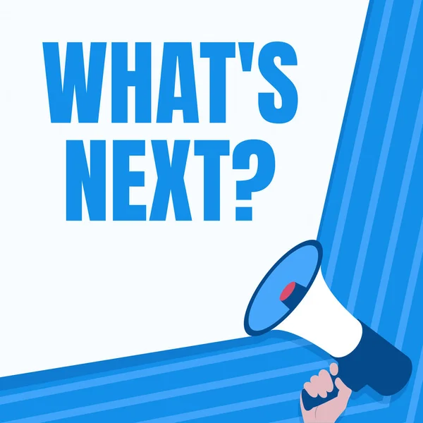 Inspiration showing sign Whats Next Question. Business overview Expecting Any Strategy and Business vision for work in Sequence Illustration Of Hand Holding Megaphone Making Wonderfull Announcement. — 图库照片