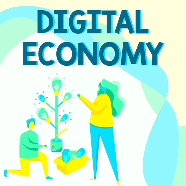 Inspiration showing sign Digital Economy. Business overview advancement of economy built using modern technology Man And Woman Drawing Standing Kneeling Assembling Light Bulb Tree. — 图库照片