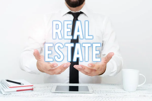 Hand writing sign Real Estate. Internet Concept total property consisting of both natural resource and building Presenting Communication Technology Smartphone Voice And Video Calling — Stockfoto