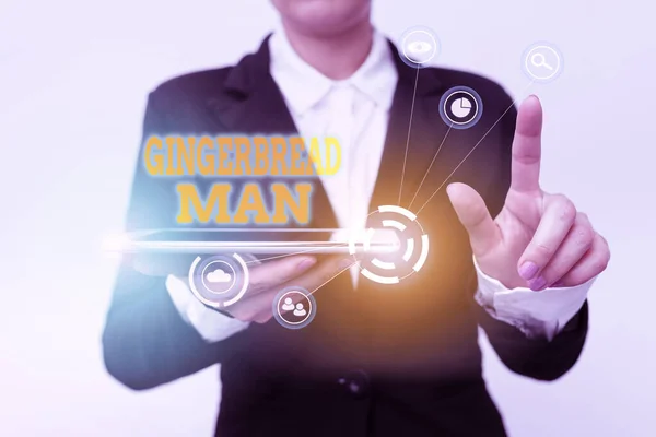 Gingerbread Man 의 영감을 보여 주는 텍스트. 진저브레드로 만든 쿠키의 이름은 보통 Suit Holding Tablet Pointing Finger On Futuristic Virtual Button 이 다.. — 스톡 사진