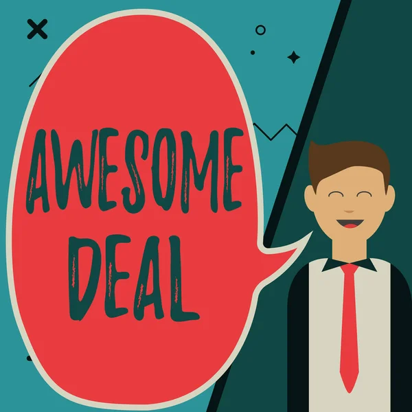 Handwriting text Awesome Deal. Word for impressive agreement given to other party for mutual benefit Illustration Of Businessman Presenting Ideas To Empty Chat Cloud. — Foto Stock