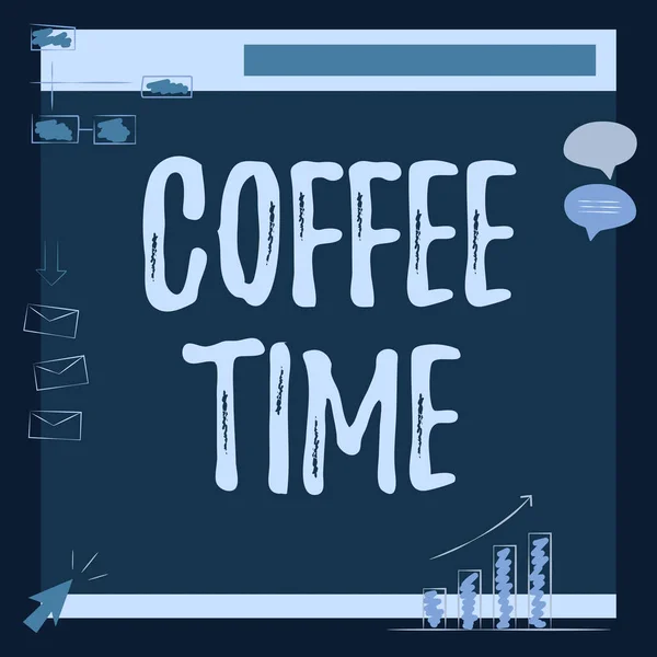 Podpis Conceptual Coffee Time. Przegląd biznesowy wybrany okres, gdy filiżanka kawy jest podawana i pijany Ilustracja Zarządu odbieranie wiadomości i poszukiwanie ulepszeń. — Zdjęcie stockowe