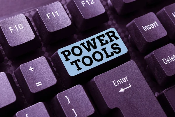 Text showing inspiration Power Tools. Concept meaning tools powered by an electric motor mostly used for manual labor Typing New Email Titles Concept, Drafting Internet Article Ideas — Stock Photo, Image