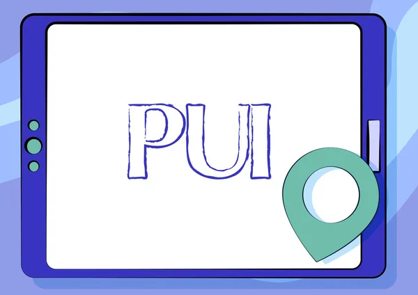 Hand writing sign Pui. Concept meaning person that has acute respiratory distress syndrome based on evidence Computer Tablet Drawing With Clear Touch Screen And Location Pin. — Stockfoto