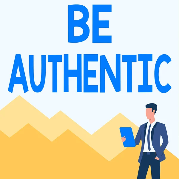 Text caption presenting Be Authentic. Business concept being truth and genuine to oneself without imitating the others Man In Uniform One Hand In Pocket Standing Holding Computer Tablet. — Stockfoto