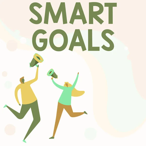 Writing displaying text Smart Goals. Concept meaning mnemonic used as a basis for setting objectives and direction Illustration Of Partners Jumping Around Sharing Thoughts Through Megaphone. — Stockfoto