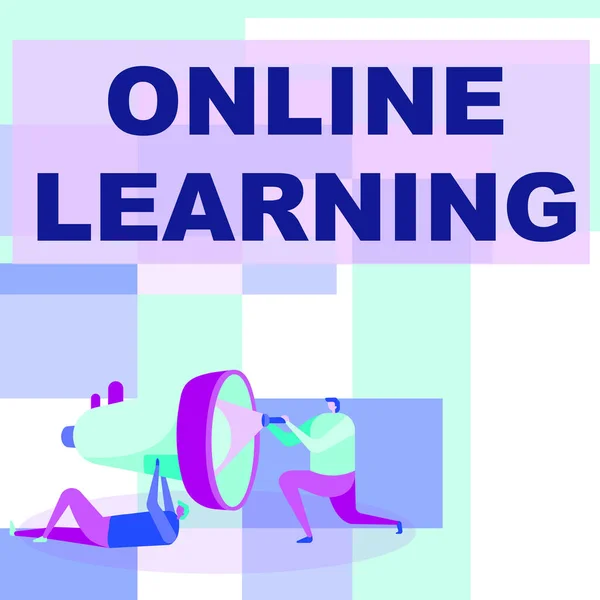 Sign displaying Online Learning. Concept meaning taking a course that can be accessed over the Internet Workers Drawing Helping One Other With Flashlight To Fix Megaphone. — Foto Stock