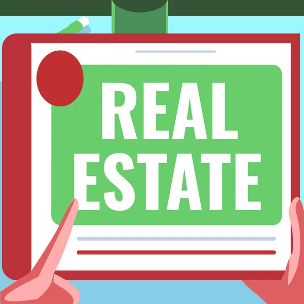 Text sign showing Real Estate. Concept meaning total property consisting of both natural resource and building Illustration Of A Hand Using Big Tablet Searching Plans For New Amazing Ideas