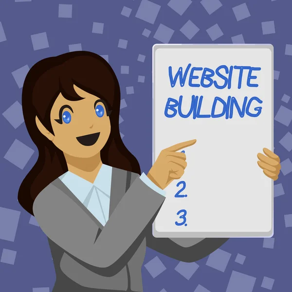 Text showing inspiration Website Building. Business concept site is constructed according to the clients needs Business Woman Drawing Holding Blank White Board Presenting Announcements — Stock Photo, Image
