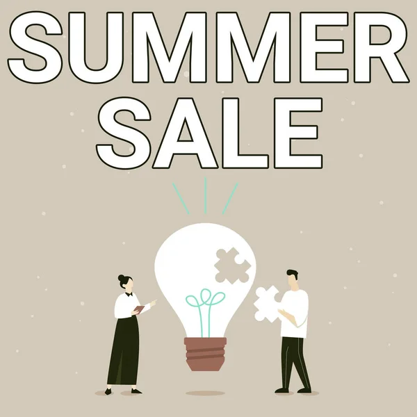 Conceptual display Summer Sale. Business approach a special type of discount to merchandise imposed during summer Illustration Of Partners Bulding New Wonderful Ideas For Skill Improvement. — Fotografia de Stock