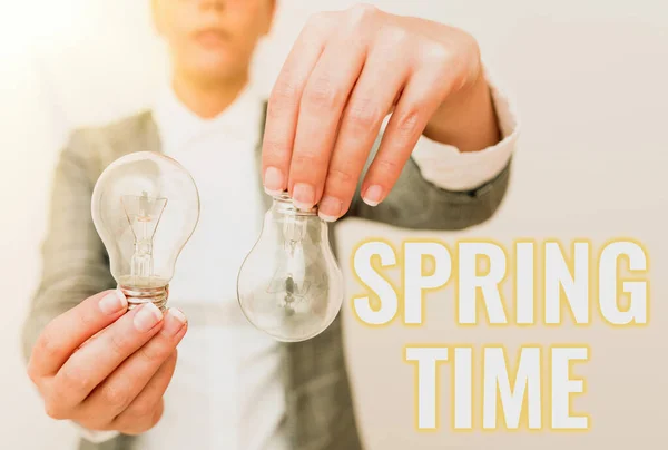 Writing displaying text Spring Time. Word Written on temperate season of the year identified by a revival of plants Lady outfit holding two lamps upside down presenting new technology ideas — Stock Photo, Image