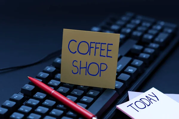 Inspiration mit Zeichen Coffee Shop. Internet-Konzept ein Restaurant, das in erster Linie Kaffee serviert, und leichte Mahlzeiten Eingabe von Kochanleitungen und Zutatenlisten, Making Online Food Blog — Stockfoto