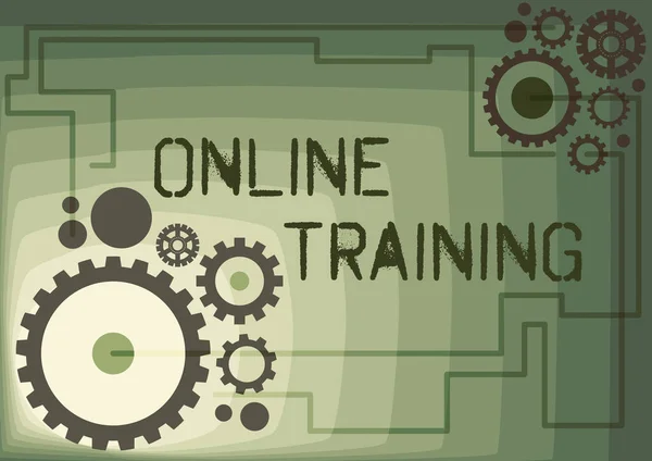 Υπογραφή εμφάνισης Online Training. Επισκόπηση επιχειρήσεων ορισμένες δεξιότητες διδάσκονται και μπορούν να επιτευχθούν μόνο στο Διαδίκτυο Εικονογράφηση των μηχανικών ταχυτήτων που συνδέονται μεταξύ τους Εκτέλεση εργασίας — Φωτογραφία Αρχείου