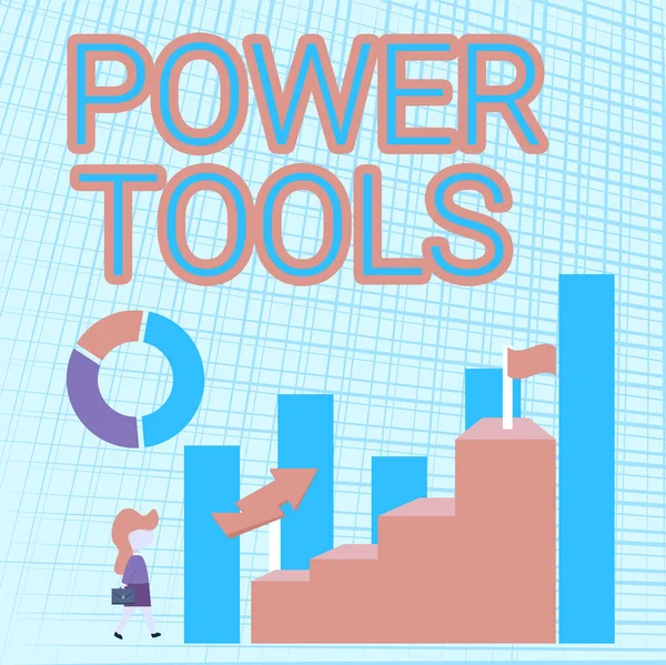 Hand writing sign Power Tools. Conceptual photo tools powered by an electric motor mostly used for manual labor Business Woman Walking Towards Large Graph Showing Performance — Stock Photo, Image