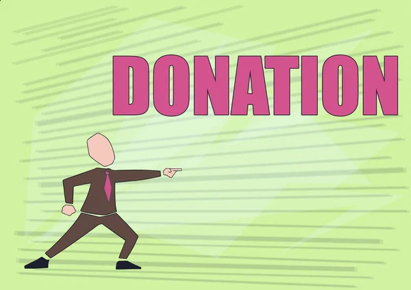 Sign displaying Donation. Business overview something that is given to a charity, especially a sum of money Man In Suit Drawing Pointing Forward Showing Leadership. — Stock Photo, Image