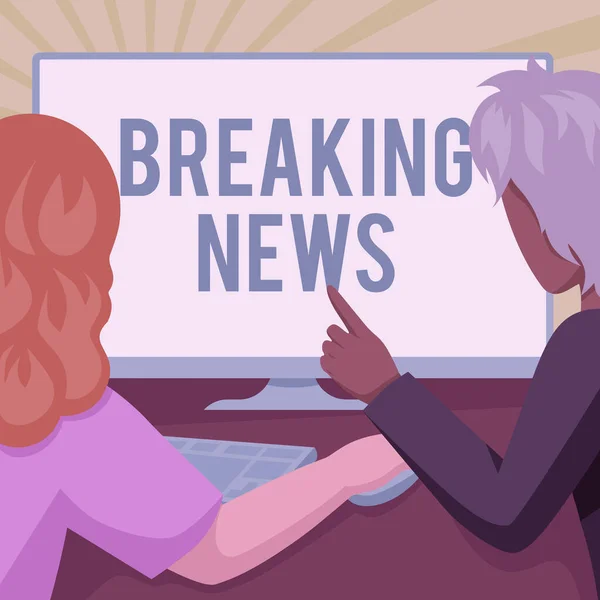 Konceptvisning Breaking News. Ord för nyligen fått aktuell information om en inträffade händelse Par Ritning med hjälp av Desktop Computer Accomplishing deras arbete. — Stockfoto