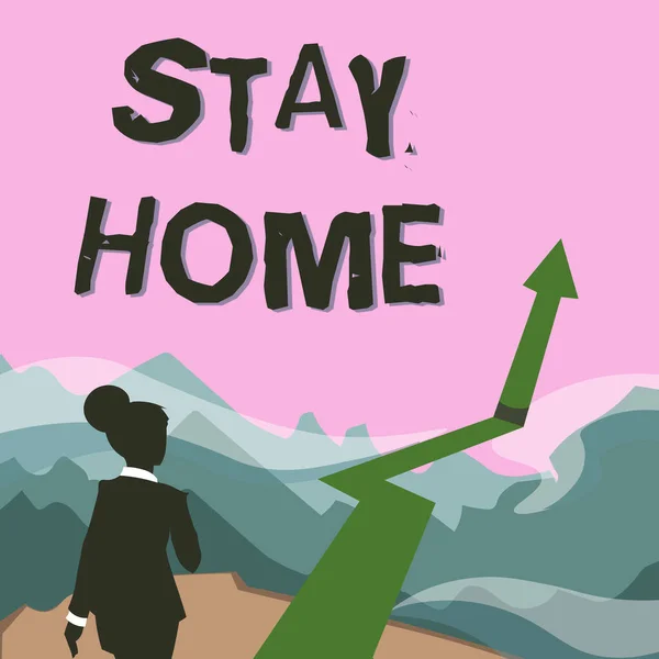 Inspiration showing sign Stay Home. Business idea not go out for an activity and stay inside the house or home Lady Walking Towards Mountains With An Arrow Marking Success — Foto Stock