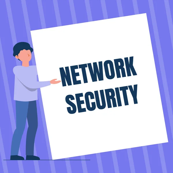 Sign displaying Network Security. Internet Concept practice of securing a computer web from intruders Man Standing Drawing Holding Presenting Huge Blank Paper. — Stockfoto