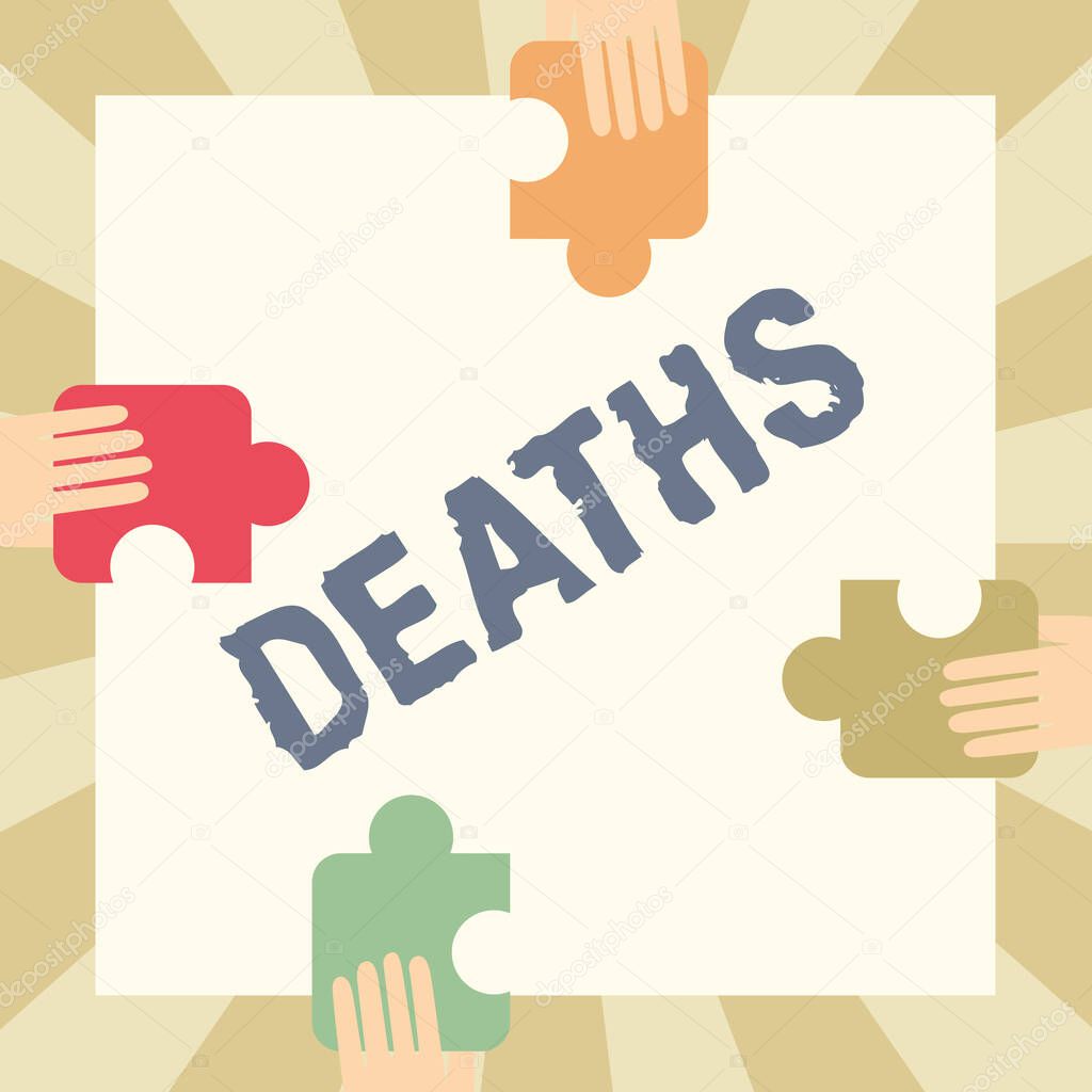 Conceptual display Deaths. Business concept permanent cessation of all vital signs, instance of dying individual Illustration Of Hands Holding Puzzle Pieces Each Sides Of Box.