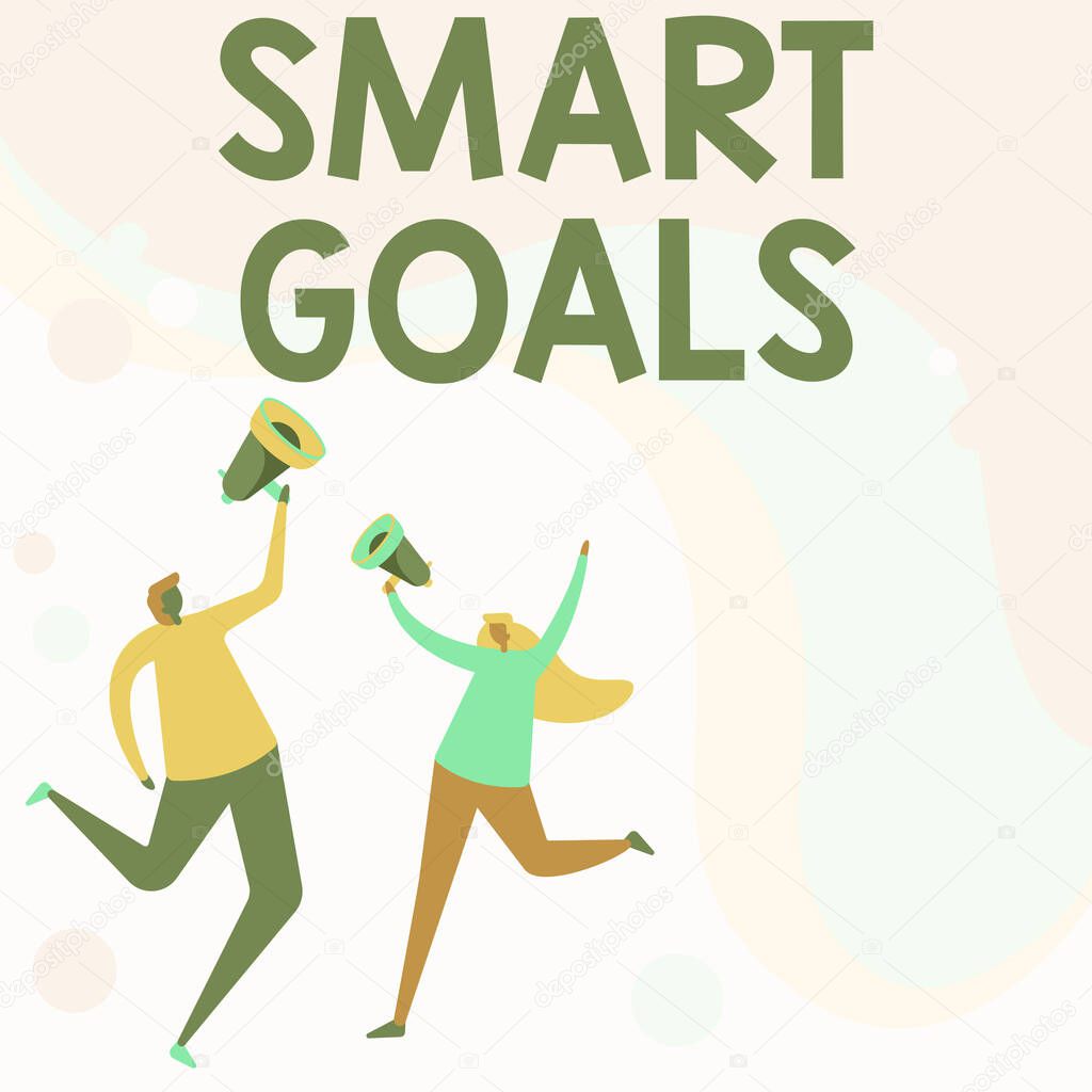 Writing displaying text Smart Goals. Concept meaning mnemonic used as a basis for setting objectives and direction Illustration Of Partners Jumping Around Sharing Thoughts Through Megaphone.