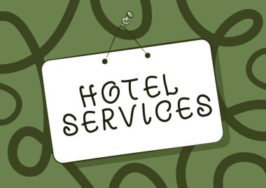 Otel Hizmetleri 'ne işaret eden ilhamlar. Bir konaklama ve konaklama yeri için kavramsal fotoğraf tesisleri Boş Yazma Alanı olan Asılı Kapı Tabelası.