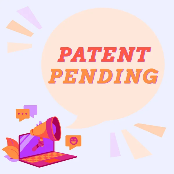 Text showing inspiration Patent Pending. Word Written on Request already filed but not yet granted Pursuing protection Laptop Drawing Sharing Comments And Reactions At Chat Cloud Over Megaphone. — Stockfoto